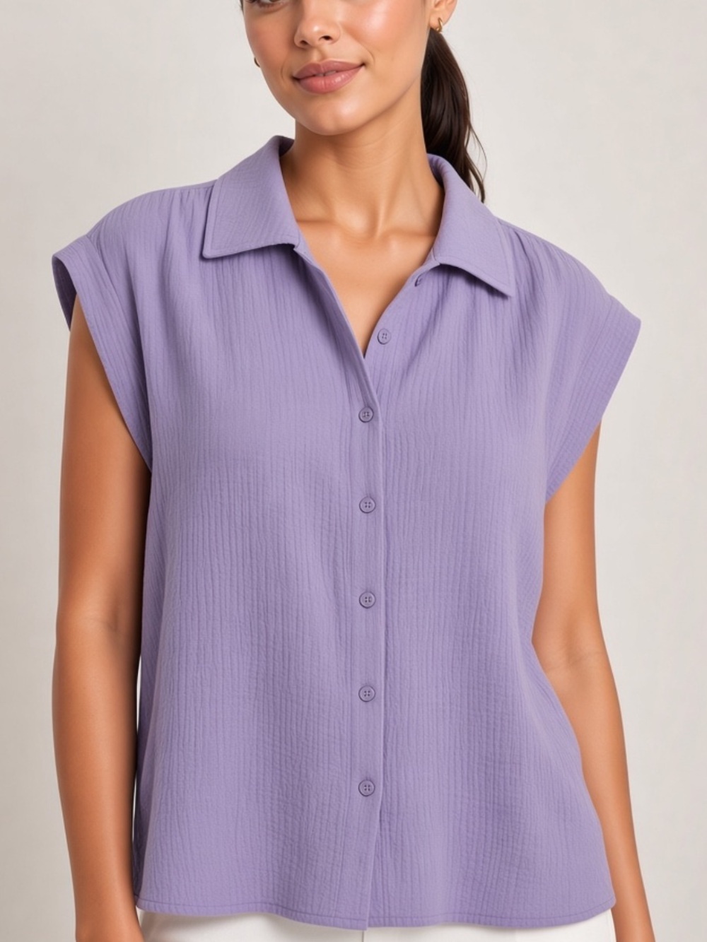 Lavender Button Front Cap-Sleeve Top SAKS FIFTH AVENUE. Large